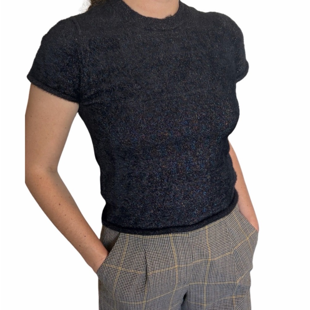 Zara Knit Black Sparkle Sweater Top Size M Soft Fuzzy Short Sleeve